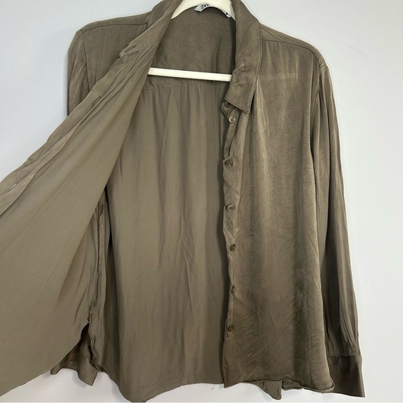 Zara Olive Green Long Sleeve Button Down Shirt Collared Shirt Women’s Size XL - Picture 6 of 7